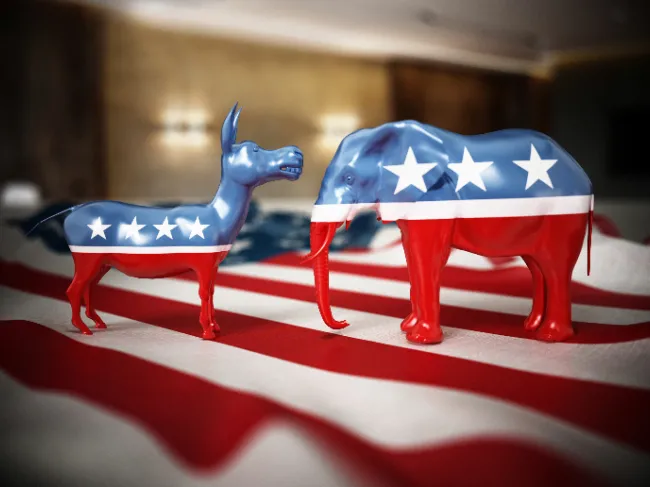 elephant and donkey on american flag